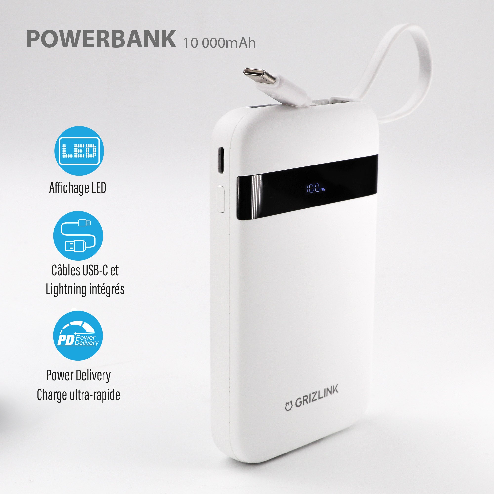 Batterie externe câble intégré 10000mAh Grizlink