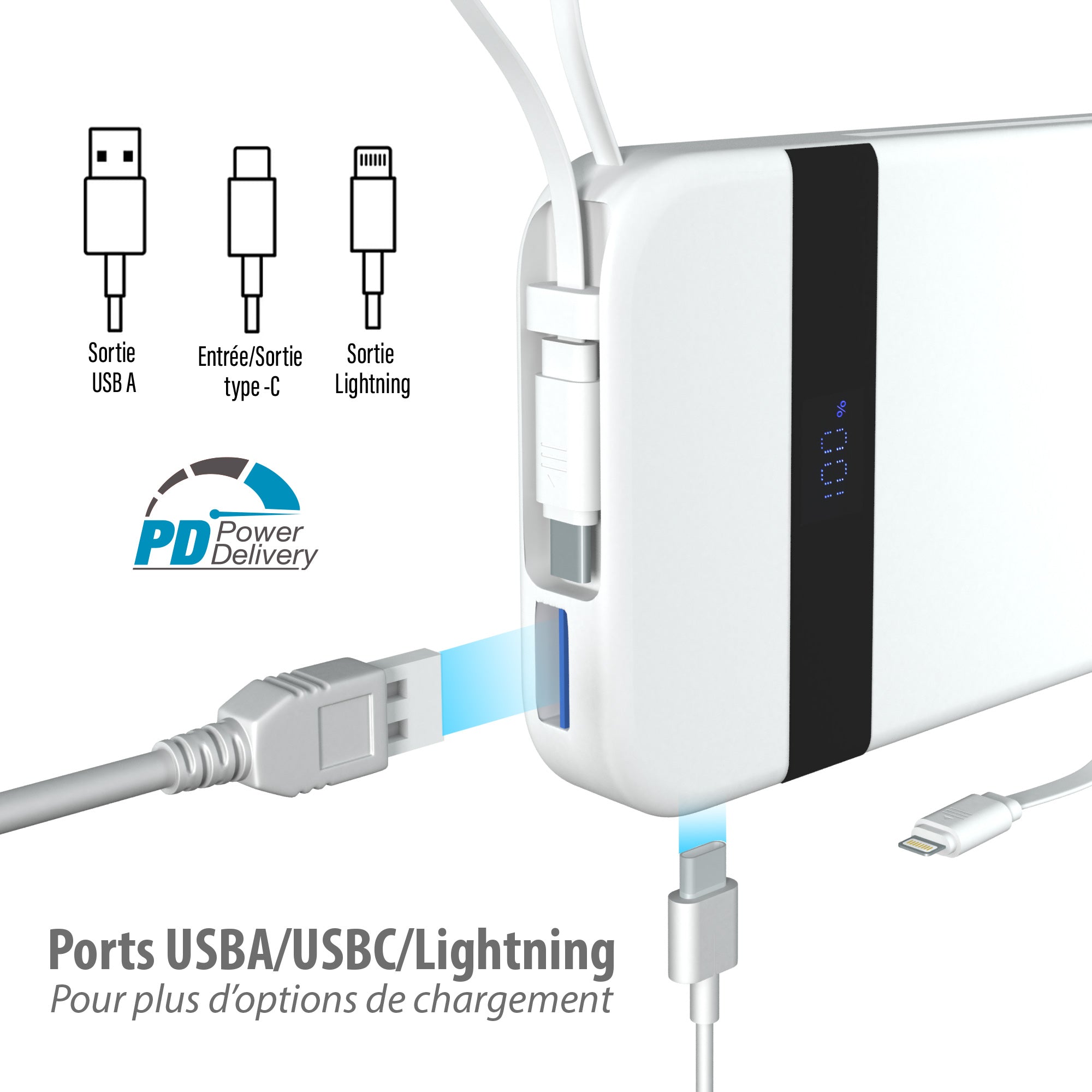 Batterie externe câble intégré 10000mAh Grizlink
