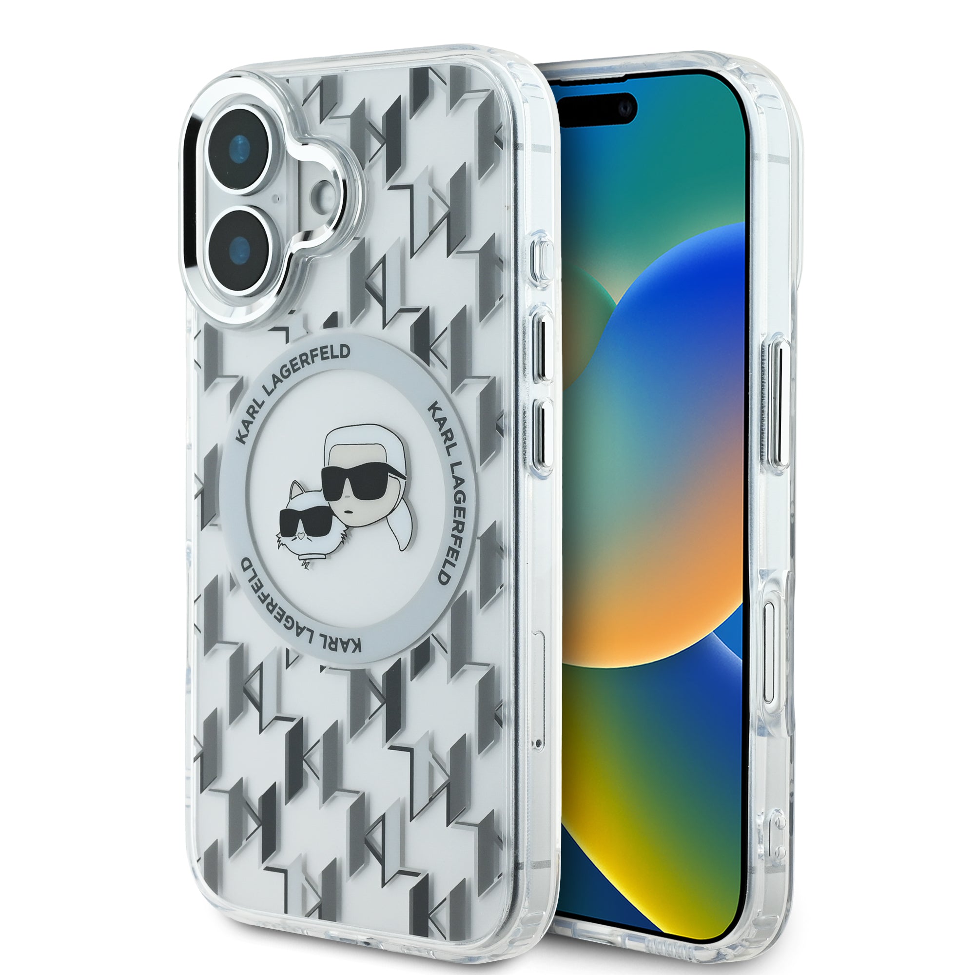 Coque iPhone 16 Karl Lagerfeld Karl et Choupette tête