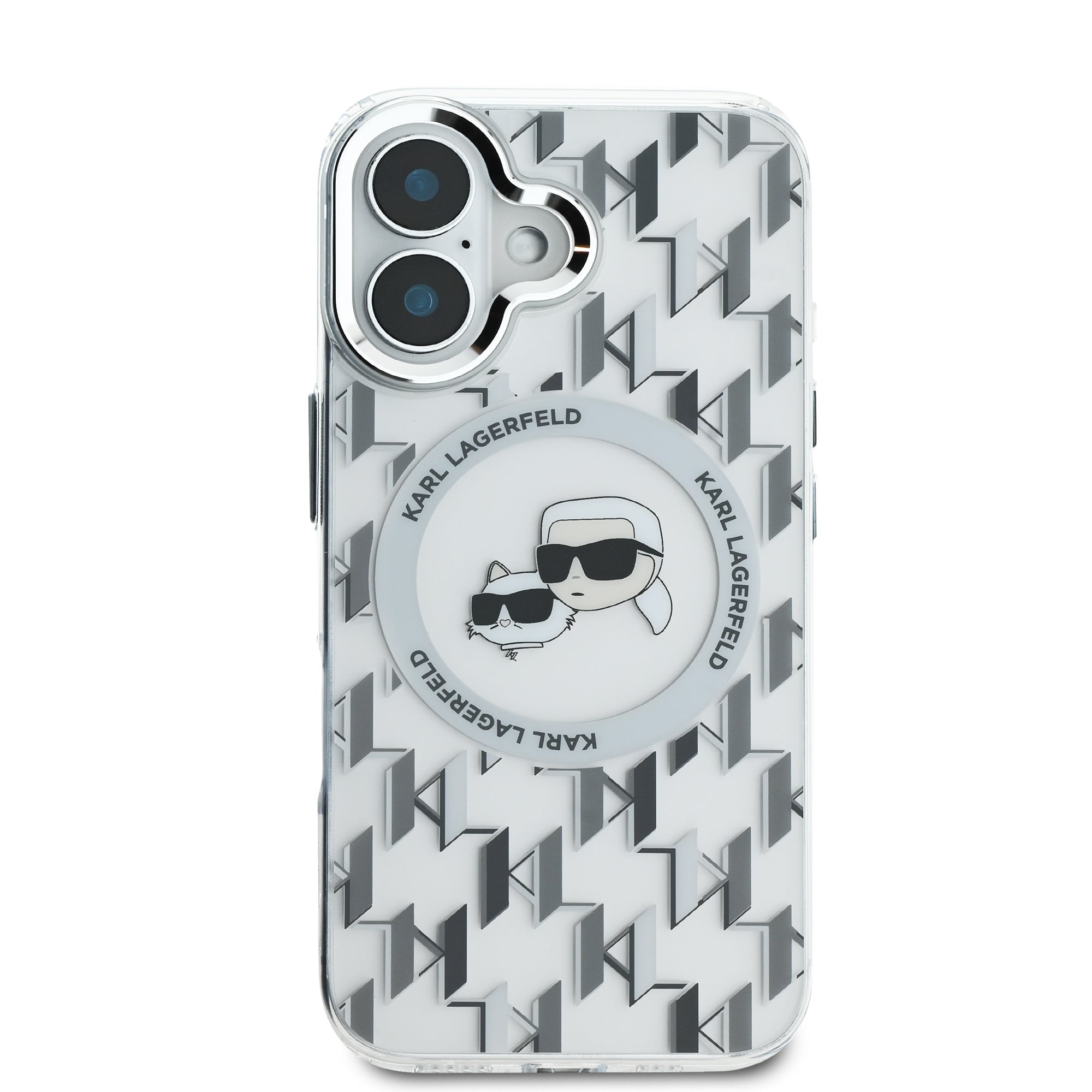 Coque iPhone 16 Karl Lagerfeld Karl et Choupette tête