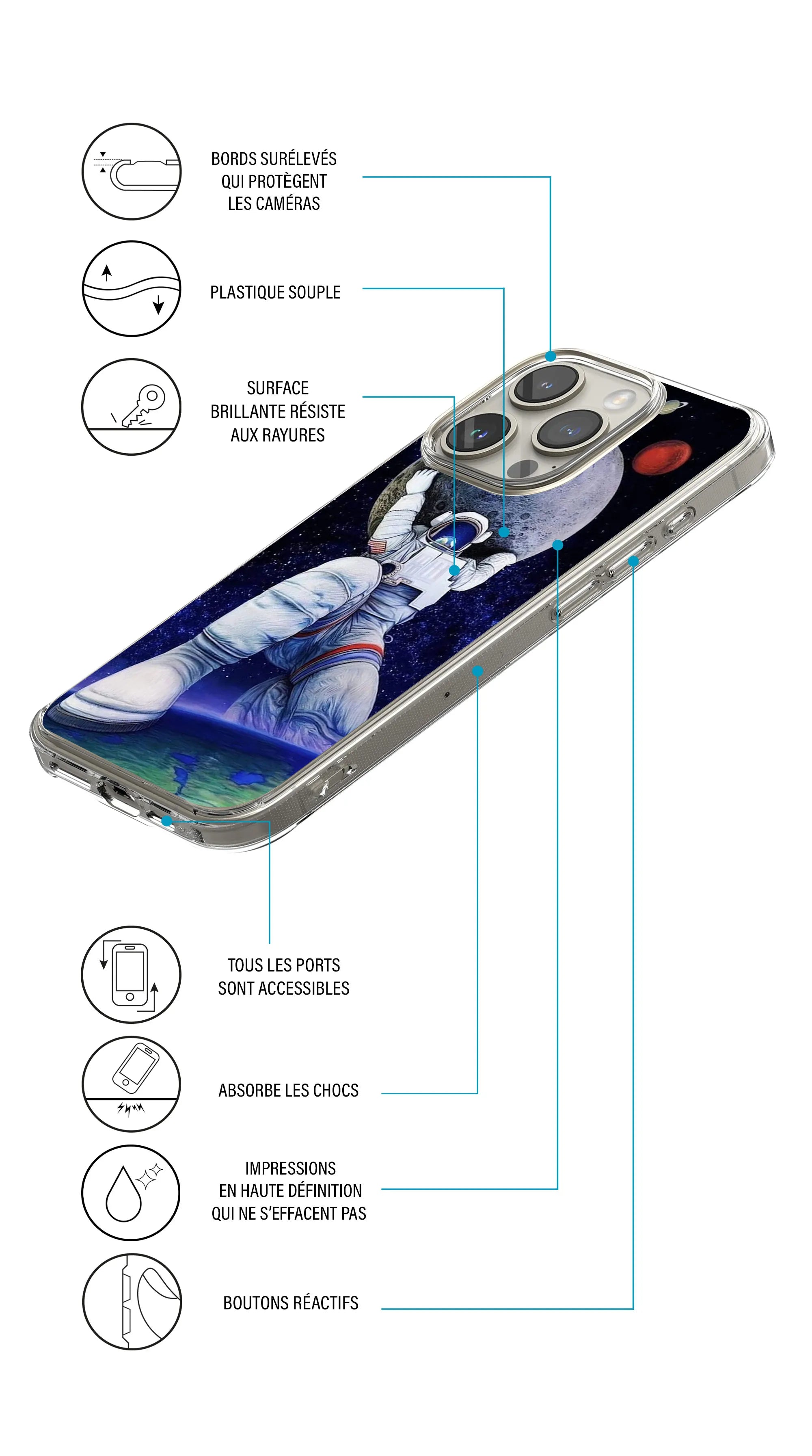 Coque motif espace astronaute lune