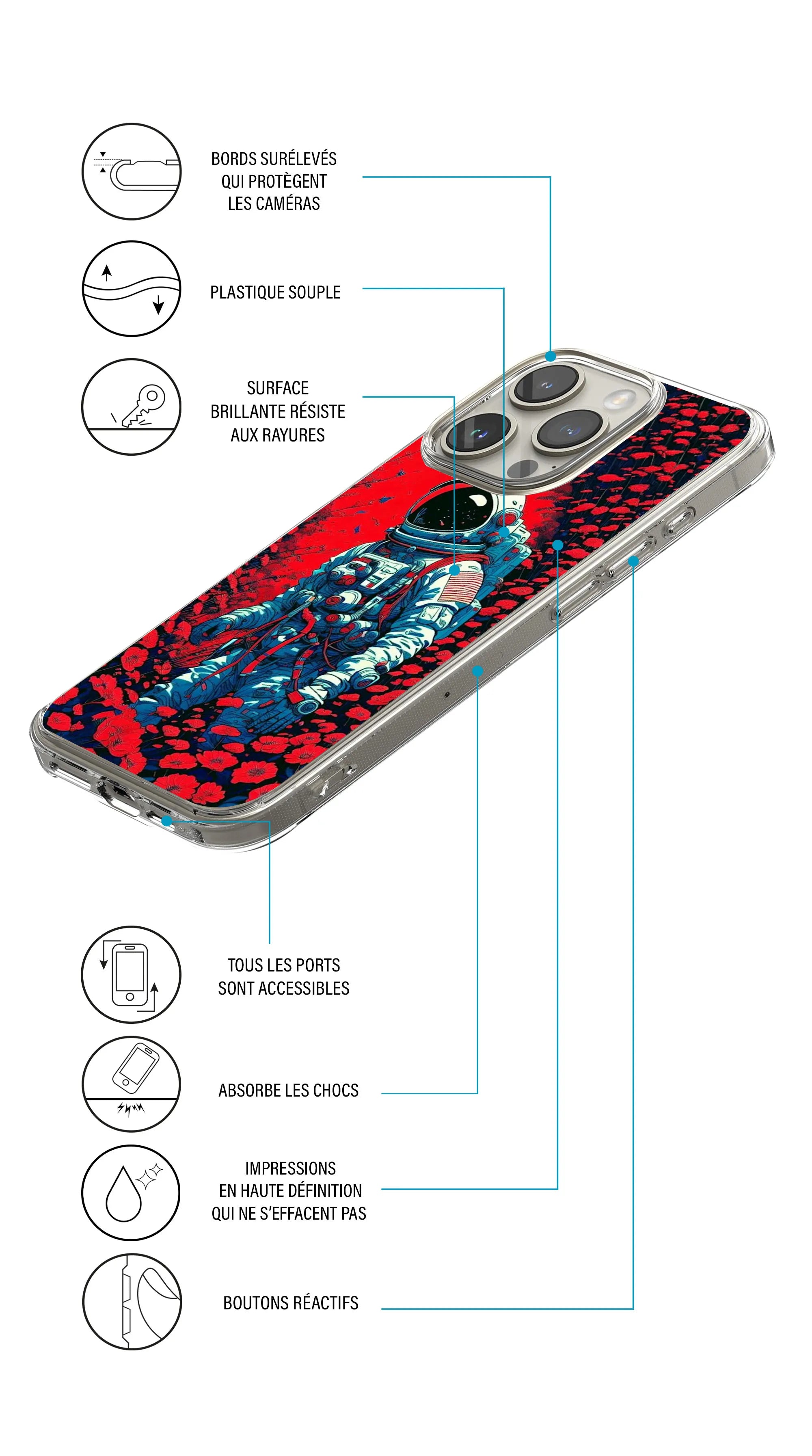 Coque motif espace astronaute fleurs rouge