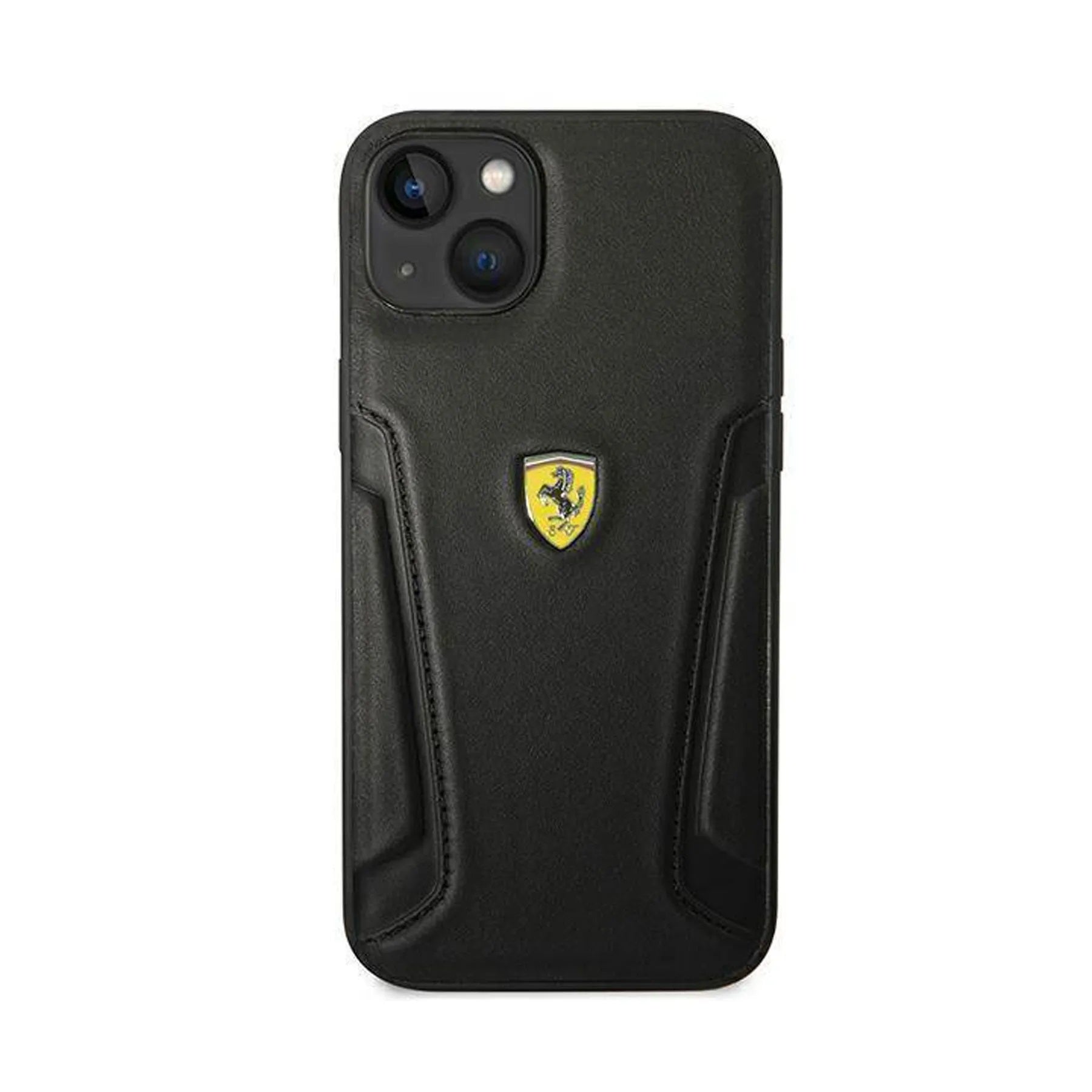 Coque iPhone 14 Ferrari side seams noire vue dace