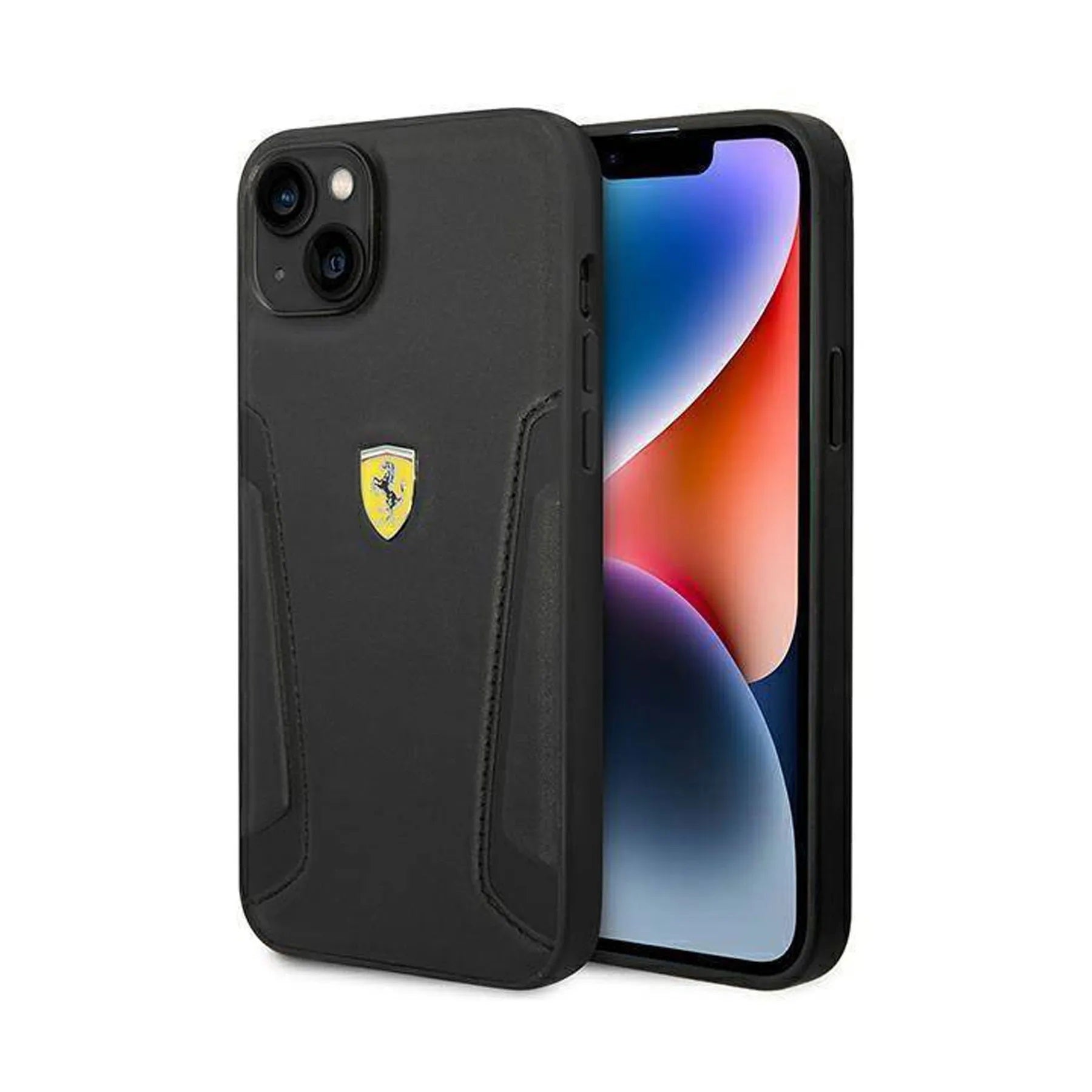 Coque iPhone 14 Ferrari side seams noire 2 vues