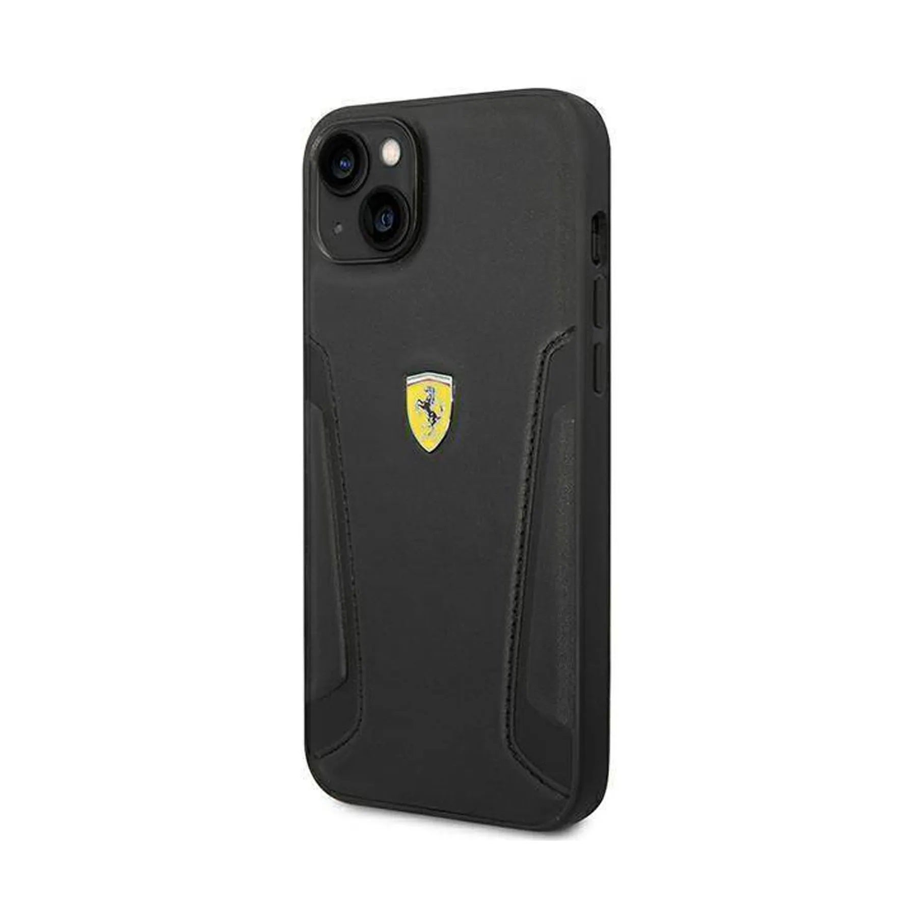 Coque iPhone 14 Ferrari side seams noire inclinée