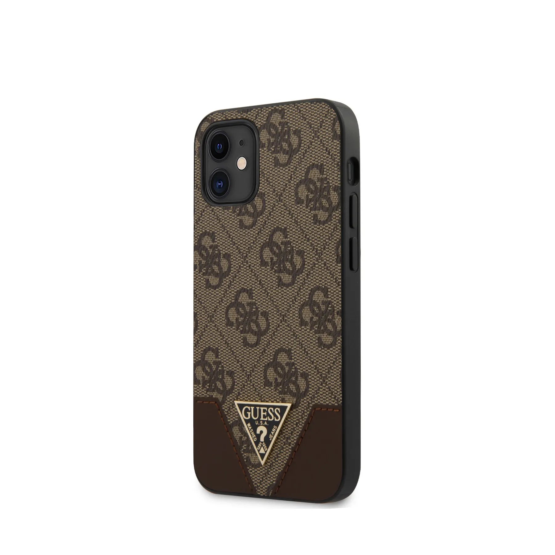 Coque iPhone 12 mini Guess triangle et angles inclinée