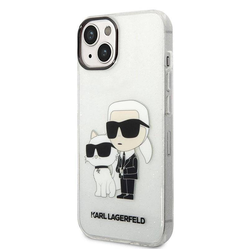 Coque iPhone 14 Karl Lagerfeld Karl et Choupette inclinée