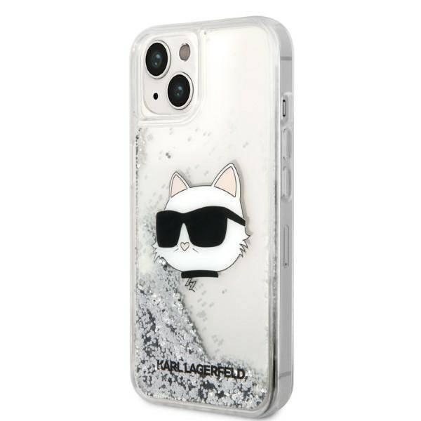 Coque iPhone 14 Plus Karl Lagerfeld Choupette et paillettes inclinée