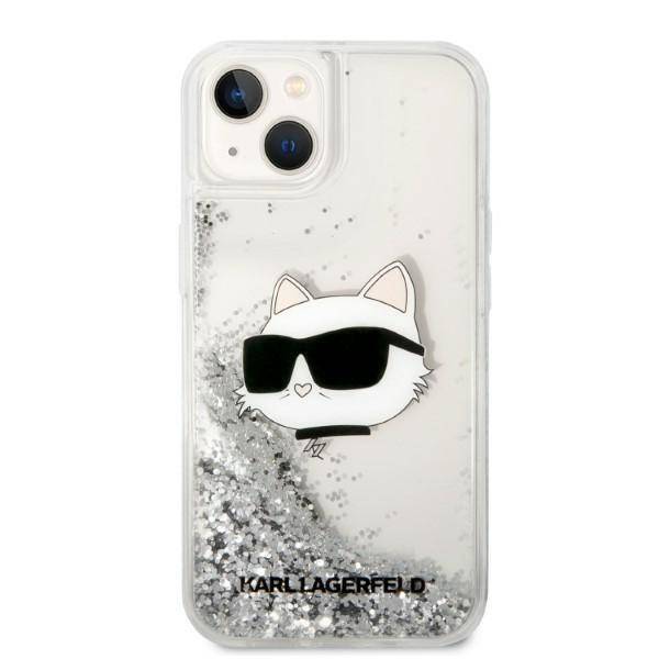 Coque iPhone 14 Plus Karl Lagerfeld Choupette et paillettes vue face