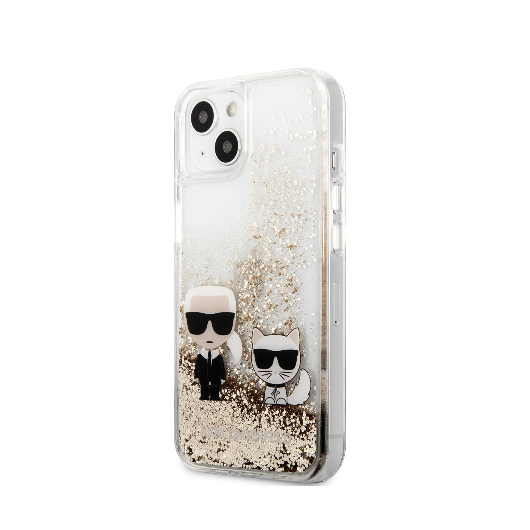 Coque iPhone 13 Karl Lagerfeld Karl et Choupette inclinée
