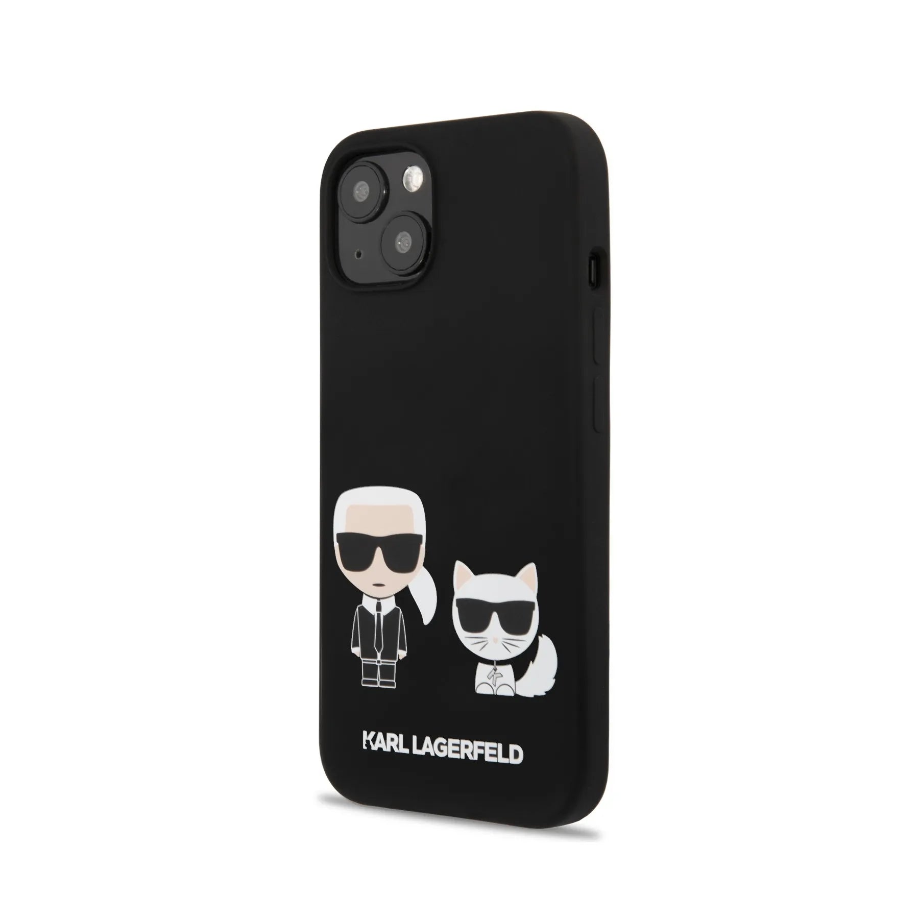 Coque iPhone 13 Karl Lagerfeld Karl et Choupette inclinée