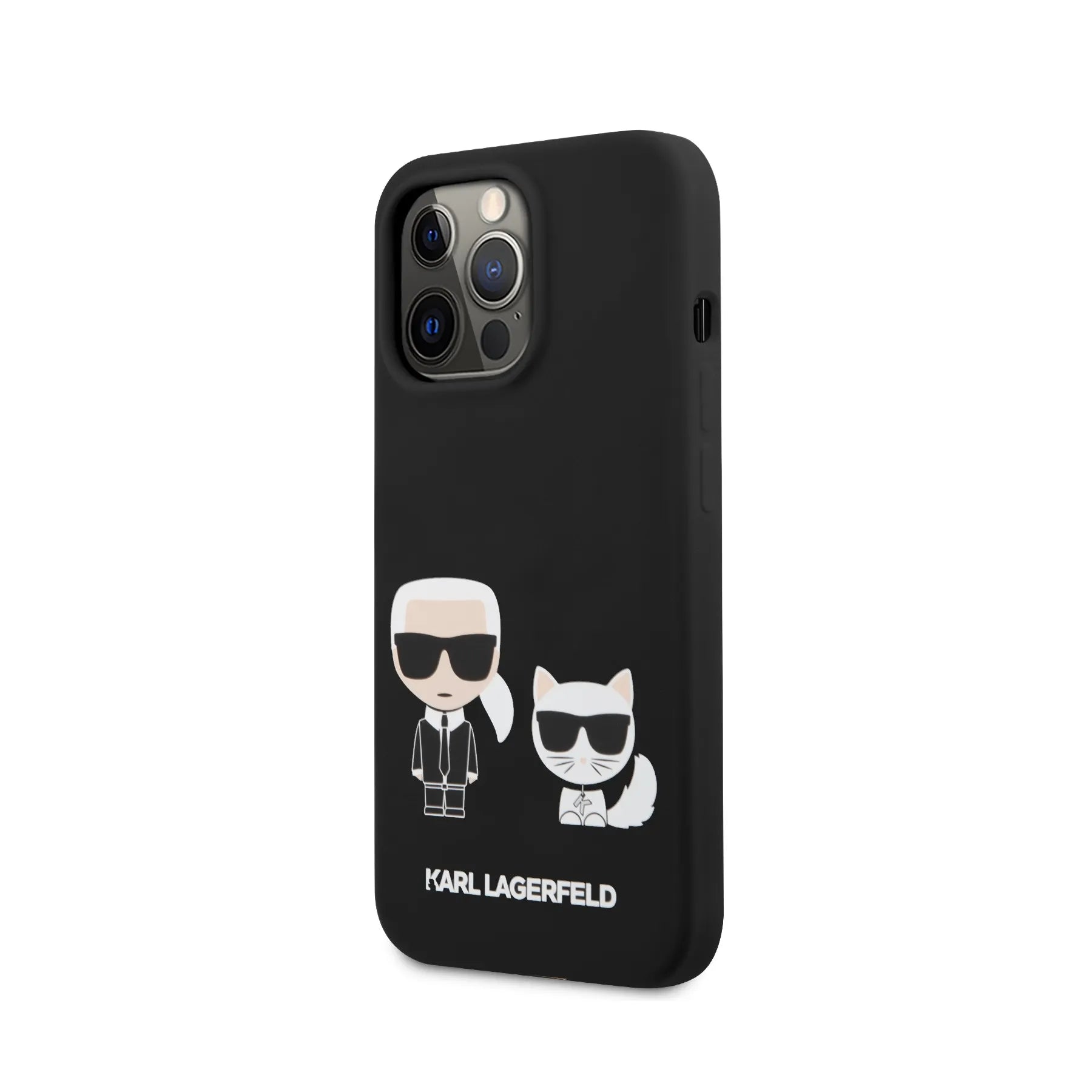 Coque iPhone 13 Pro Karl Lagerfeld Karl et Choupette inclinée