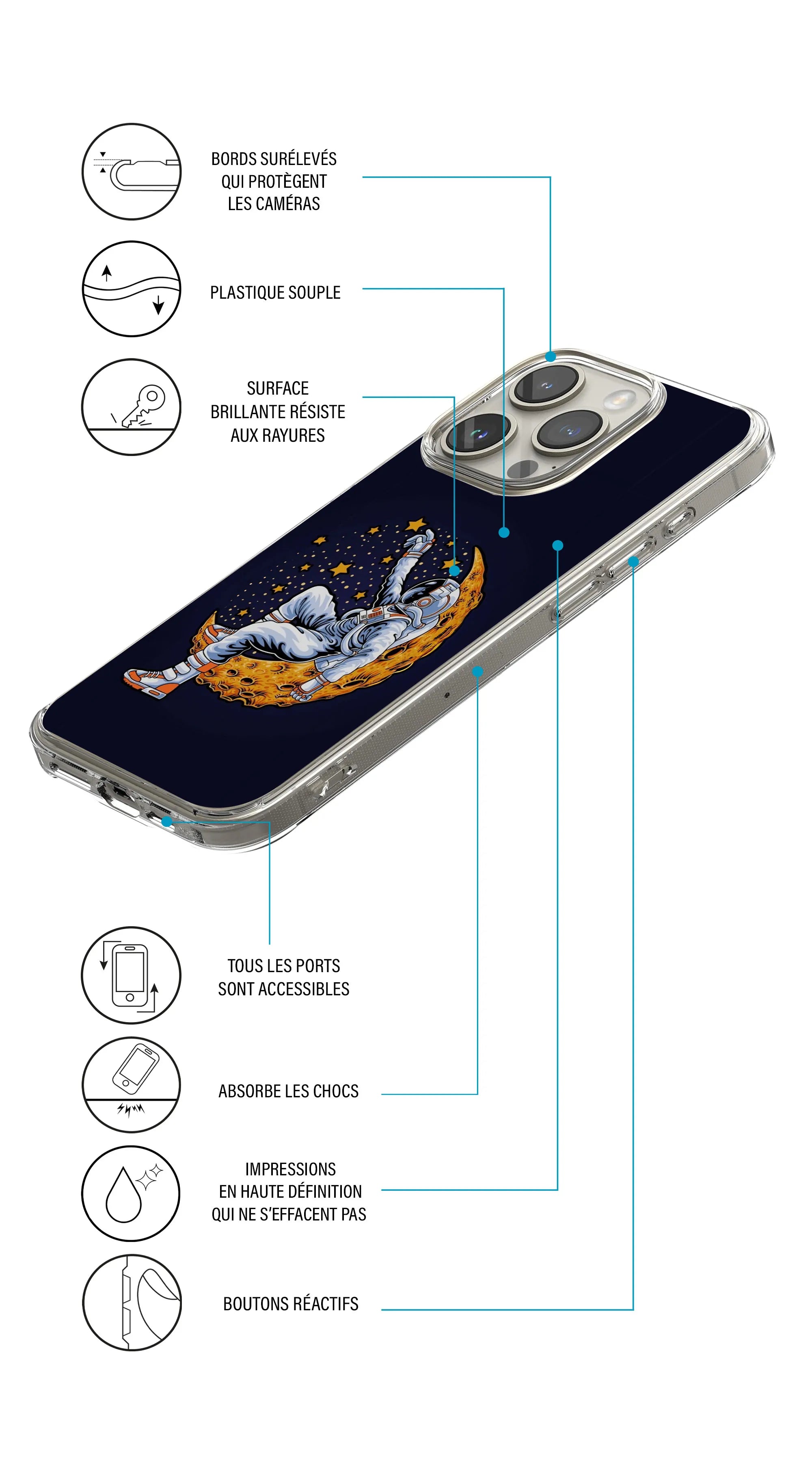 Coque motif espace astronaute croissant lune