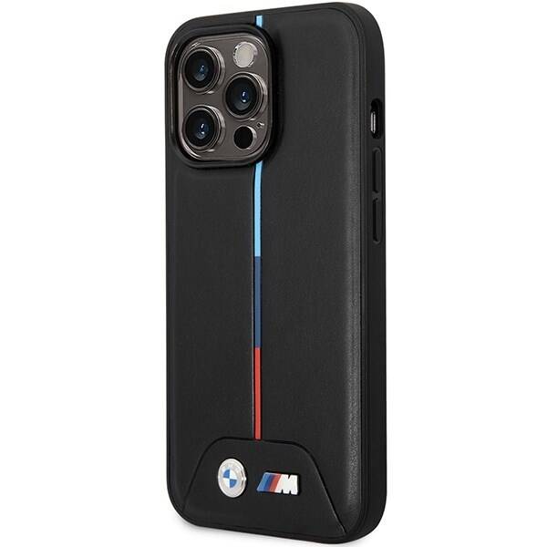 Coque iPhone 14 Pro BMW ligne tricolore inclinée 