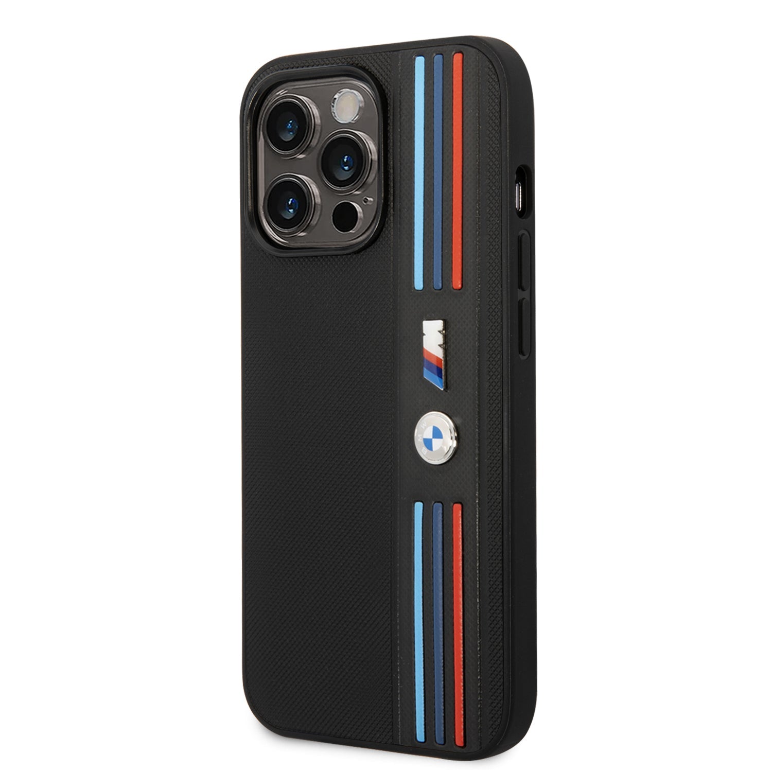 Coque iPhone 14 Pro BMW bande tricolore inclinée 