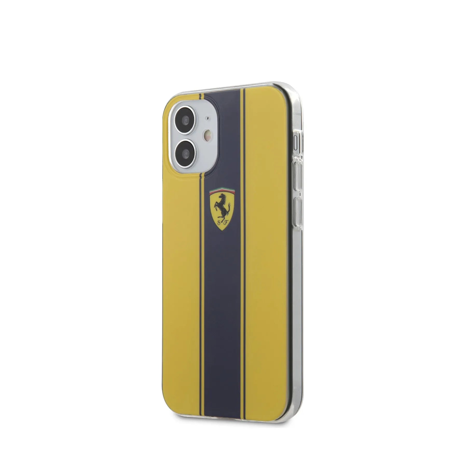 Coque iPhone 12 mini Ferrari bandes jaunes inclinée 
