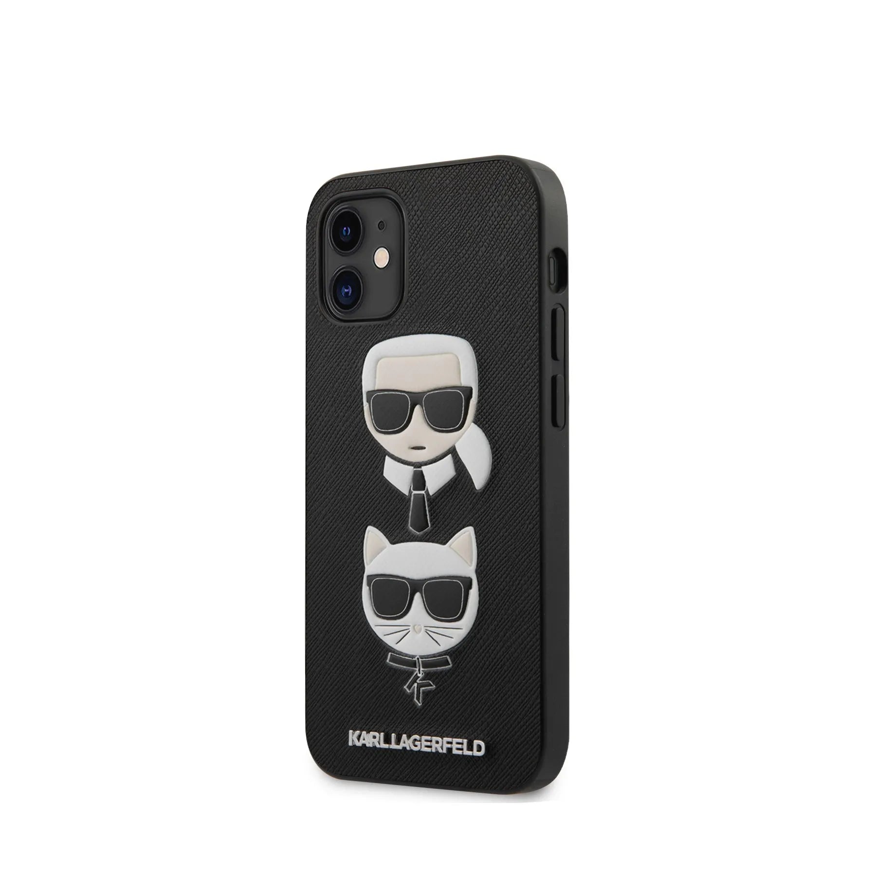 Coque iPhone 12 Mini Karl Lagerfeld Karl et Choupette inclinée 